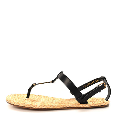 Saint Laurent Calfskin Raffia Cassandra Monogram Sandals 38.5 Black 1 of 9