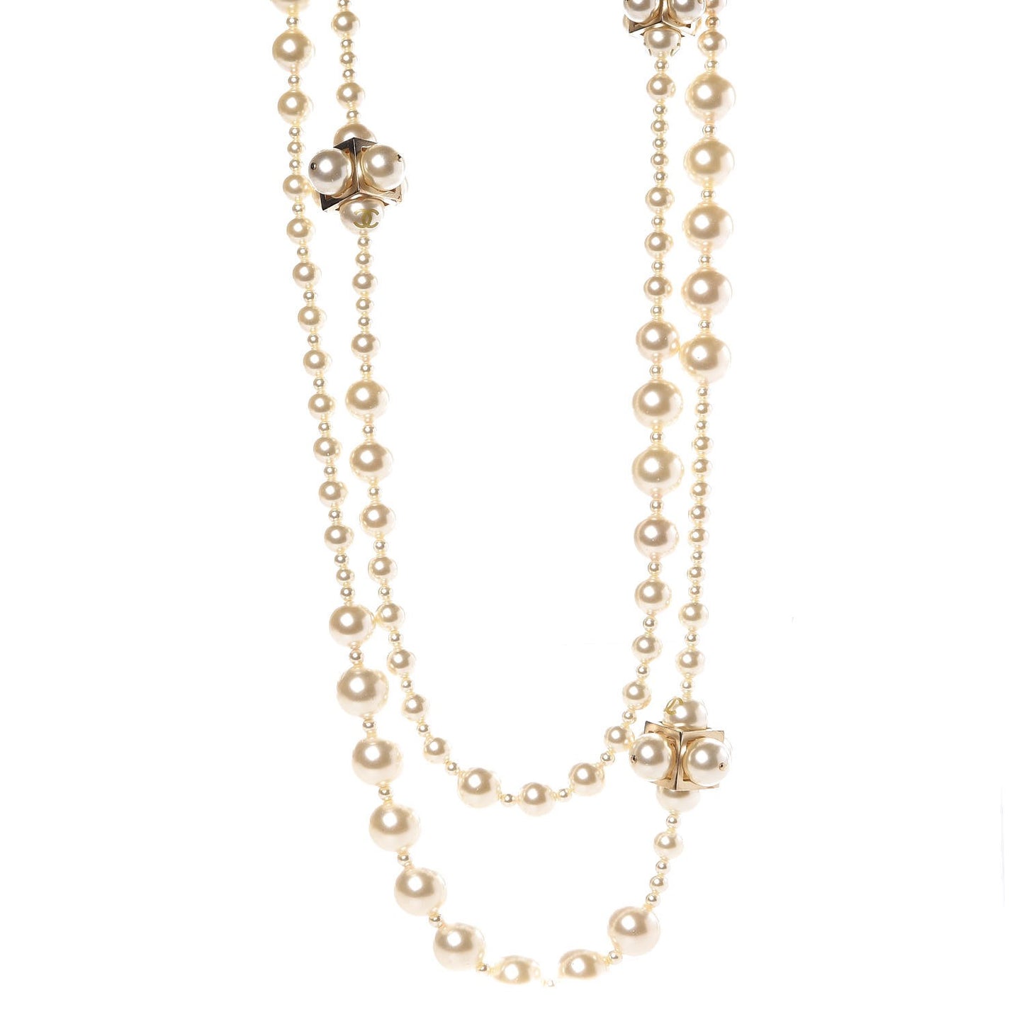 Pearl Double Strand CC Long Necklace Gold