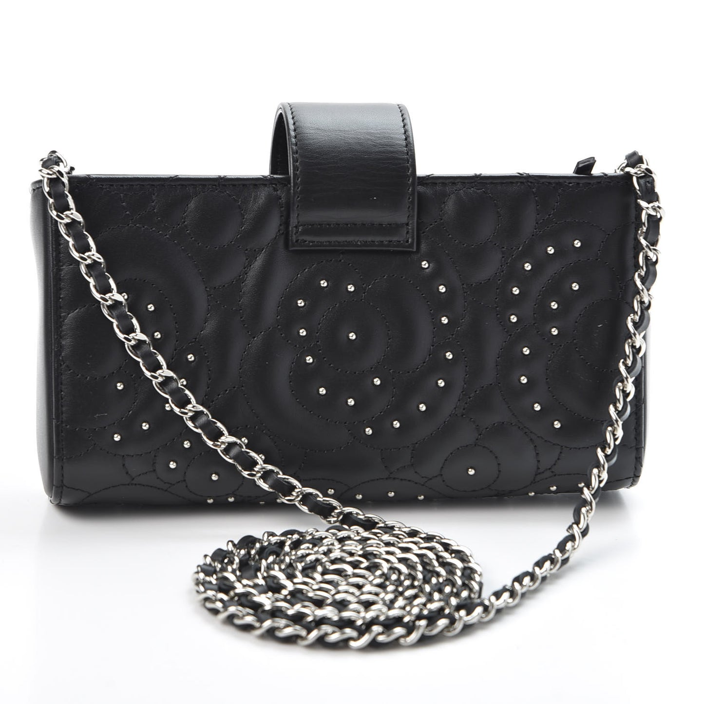 Lambskin Camellia Studded Clutch With Chain Black