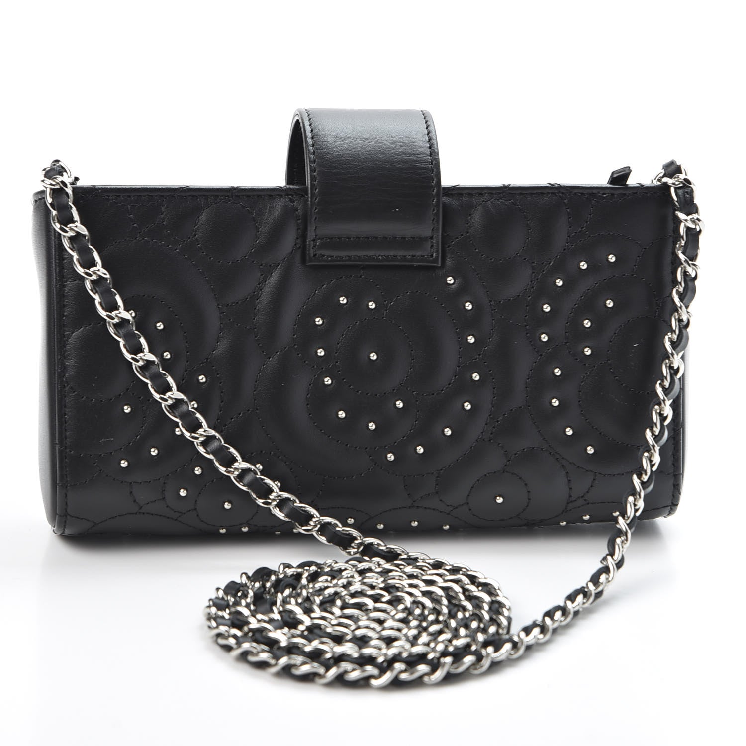 Chanel Lambskin Camellia Studded Clutch With Chain Black 2 of 11