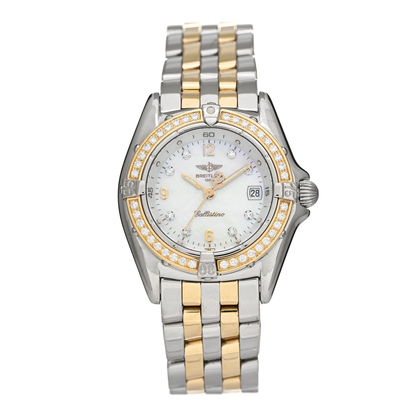 Stainless Steel 18K Yellow Gold Diamond Bezel Mother of Pearl 29mm Callistino Quartz Watch D52045