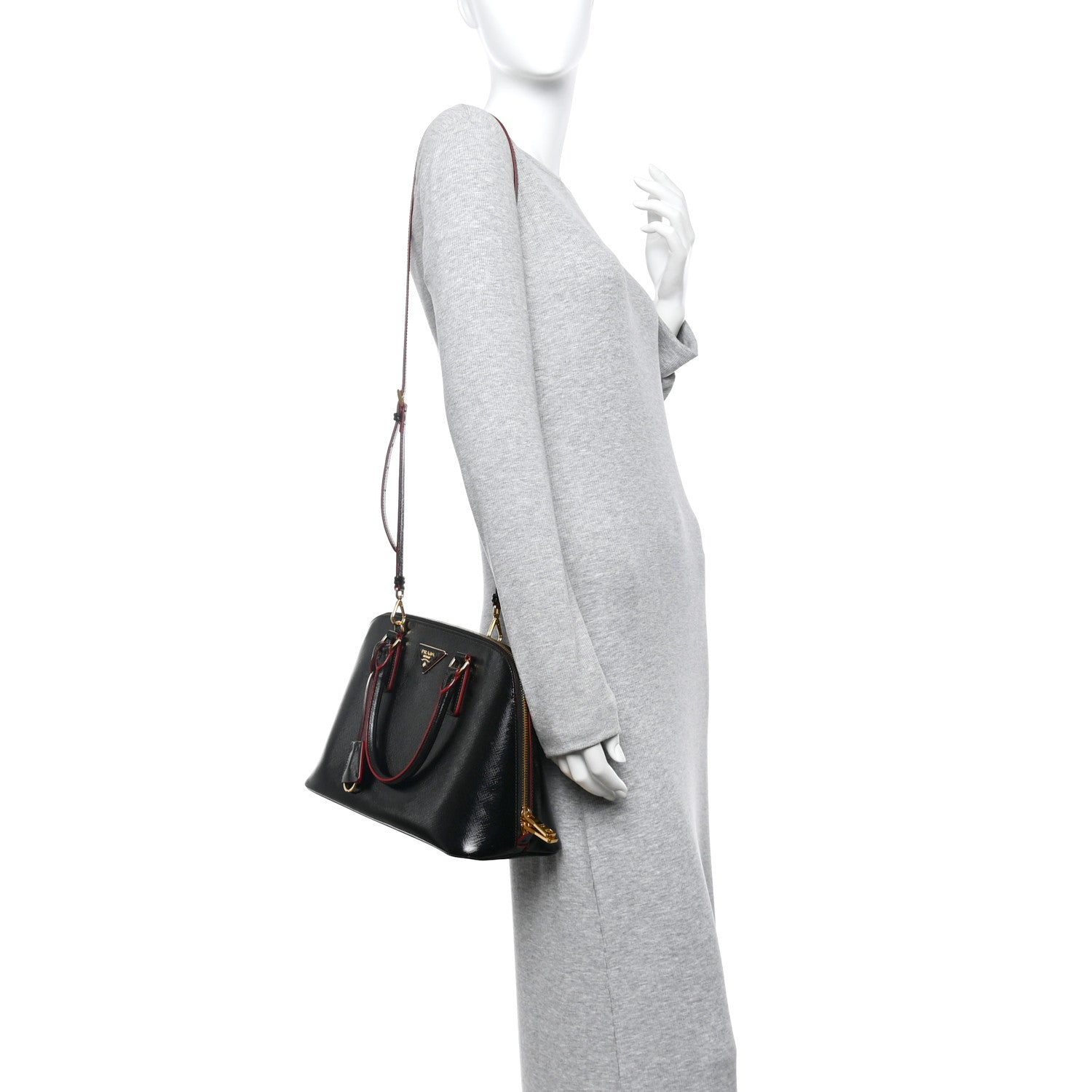 Prada Saffiano Vernice Medium Promenade Tote Black Rosso 2 of 18