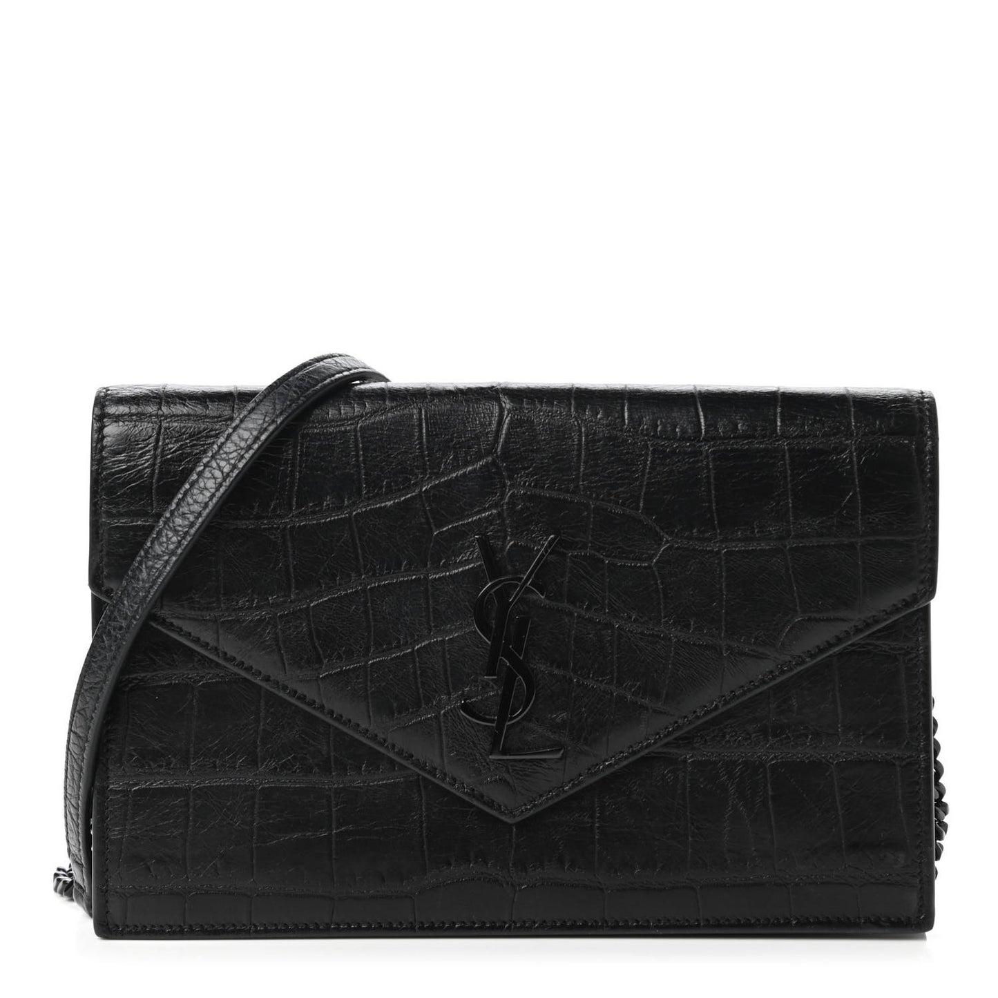 Calfskin Crocodile Embossed Monogram Envelope Chain Wallet Black
