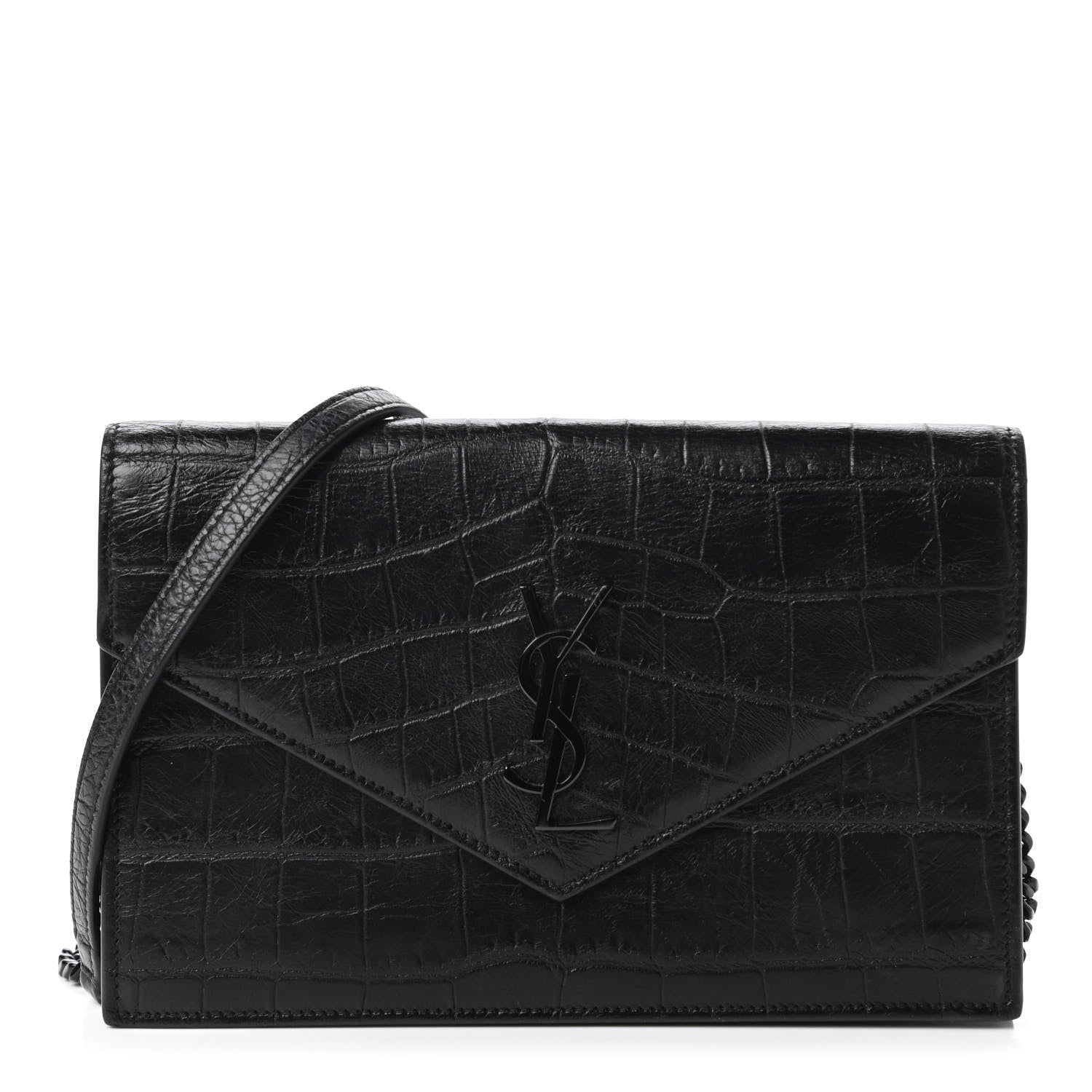 Saint Laurent Calfskin Crocodile Embossed Monogram Envelope Chain Wallet Black 1 of 10
