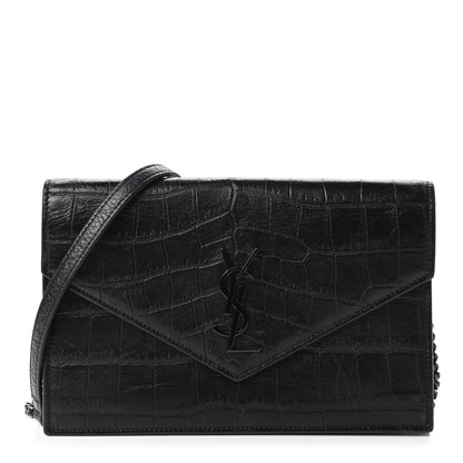 Saint Laurent Calfskin Crocodile Embossed Monogram Envelope Chain Wallet Black 1 of 10