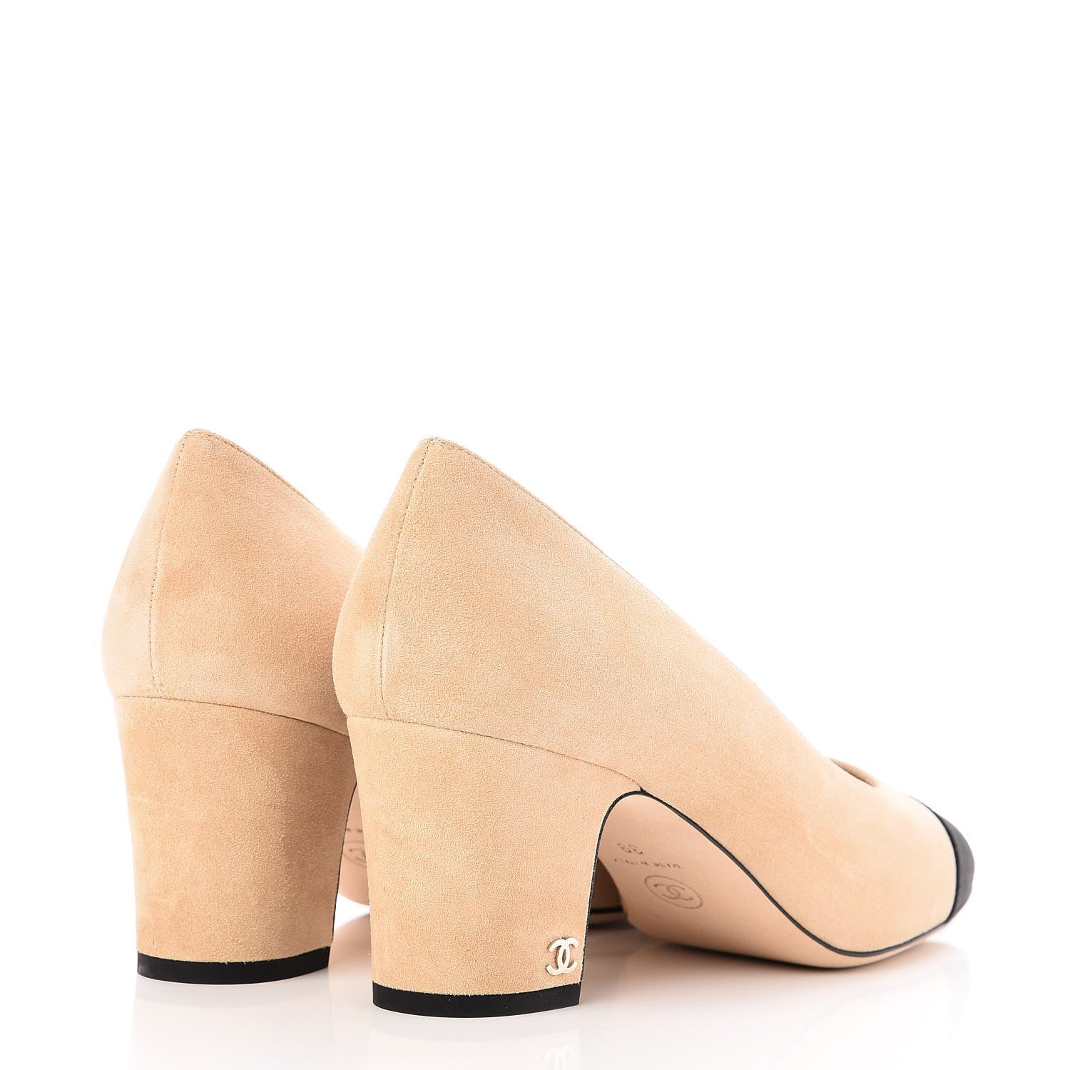 Chanel Suede Satin Cap Toe Low Heel Pumps 39 Beige Black 4 of 10
