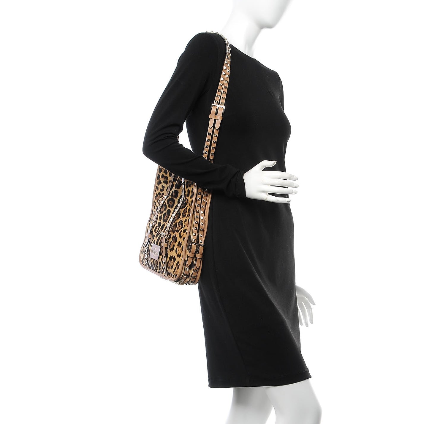 Calf Hair Leopard Print Rockstud Shopper Tote Tan
