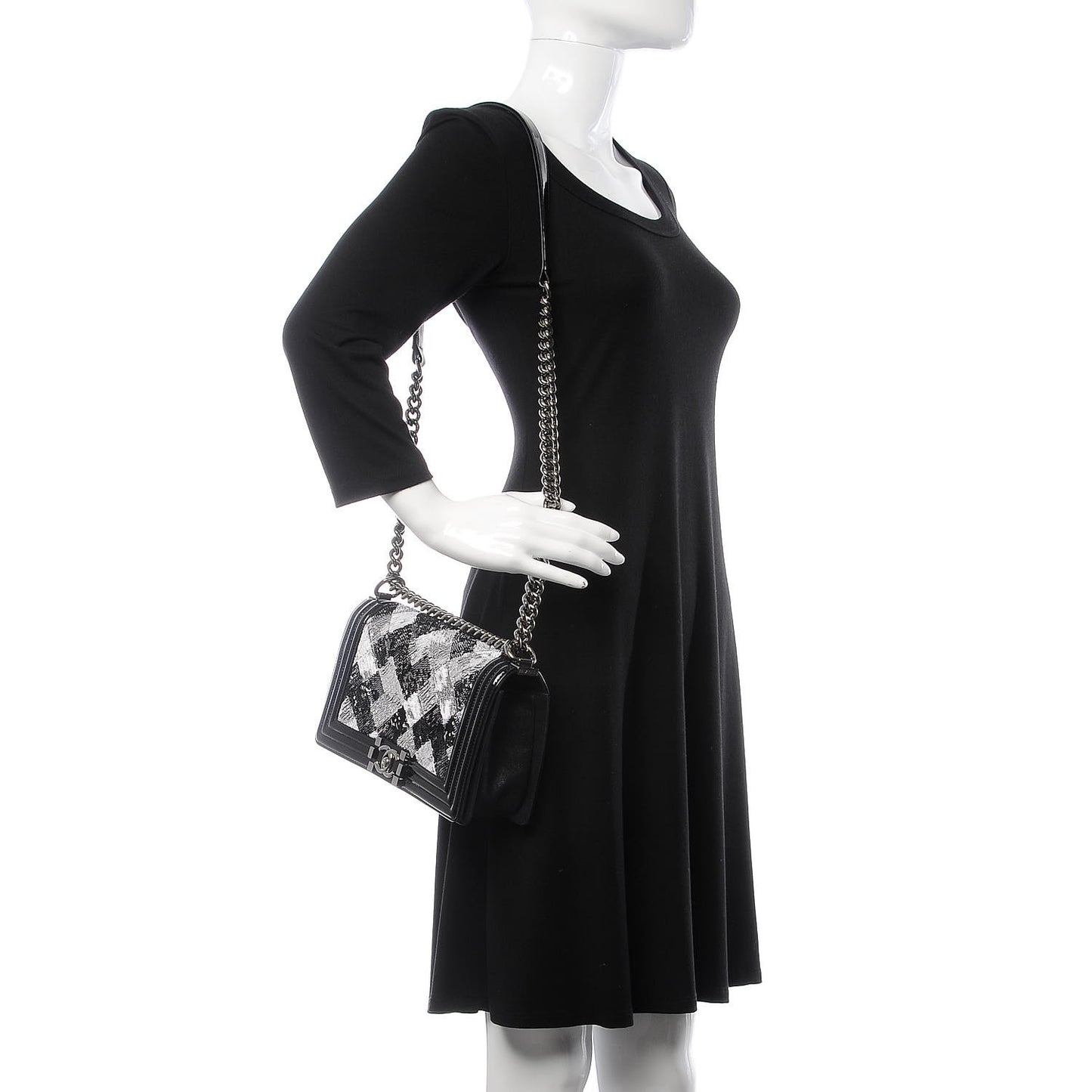Patent Iridescent Calfskin Sequin Medium Boy Flap Bag Black
