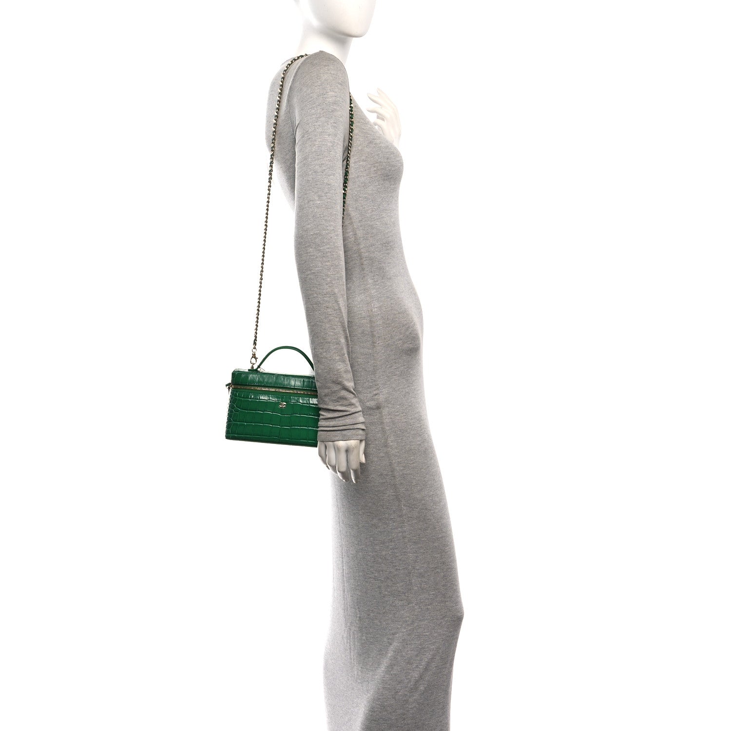 Chanel Calfskin Crocodile Embossed Crococo Top Handle Slim Vanity Case With Chain Emerald 2 of 11