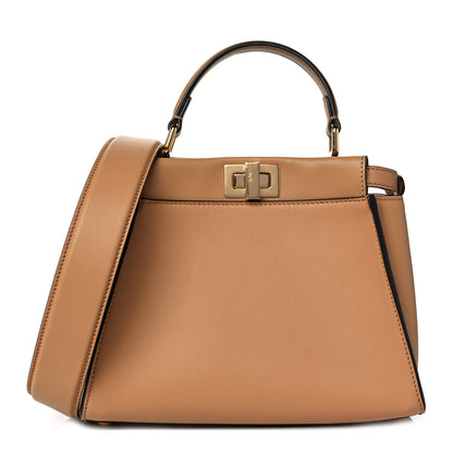 Fendi Vitello Seta Canvas FF Embroidered Mini Peekaboo Iconic Satchel Miele Scuro Poudre 1 of 9