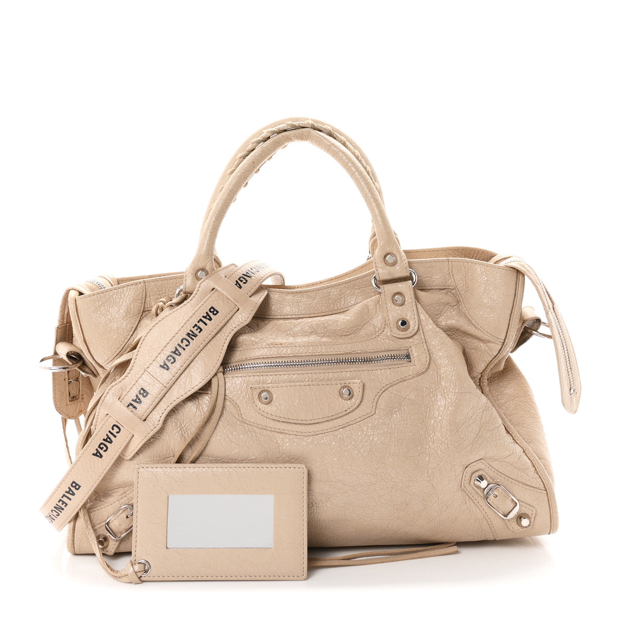 Balenciaga Agneau Classic Silver Hardware City Logo Strap Light Beige Black 3 of 12