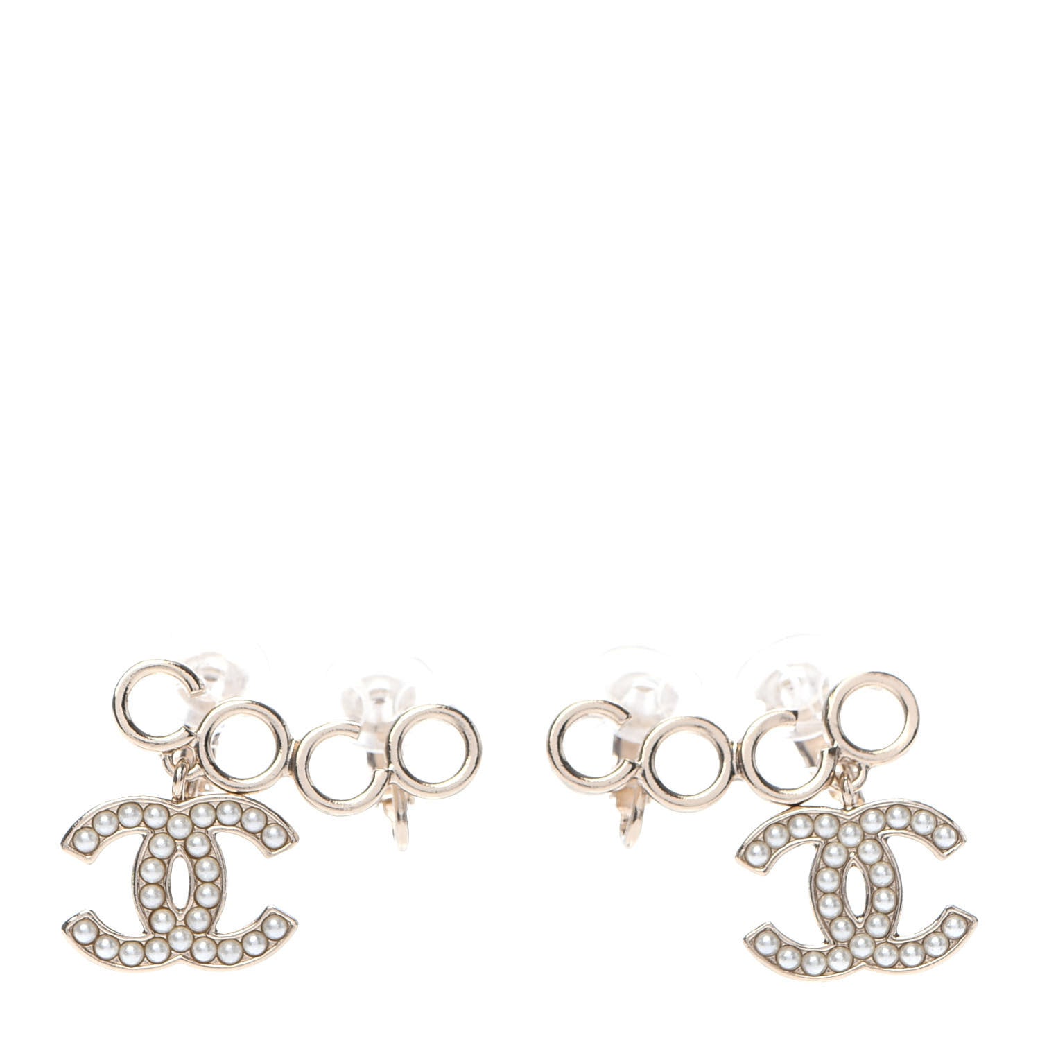 Chanel Metal Pearl CC Coco Climber Clip On Earrings Gold 1 of 5