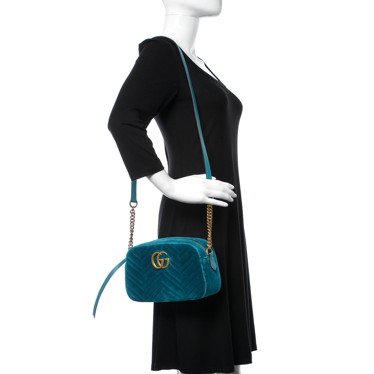 Velvet Matelasse Small GG Marmont Chain Shoulder Bag Pavone Cyan