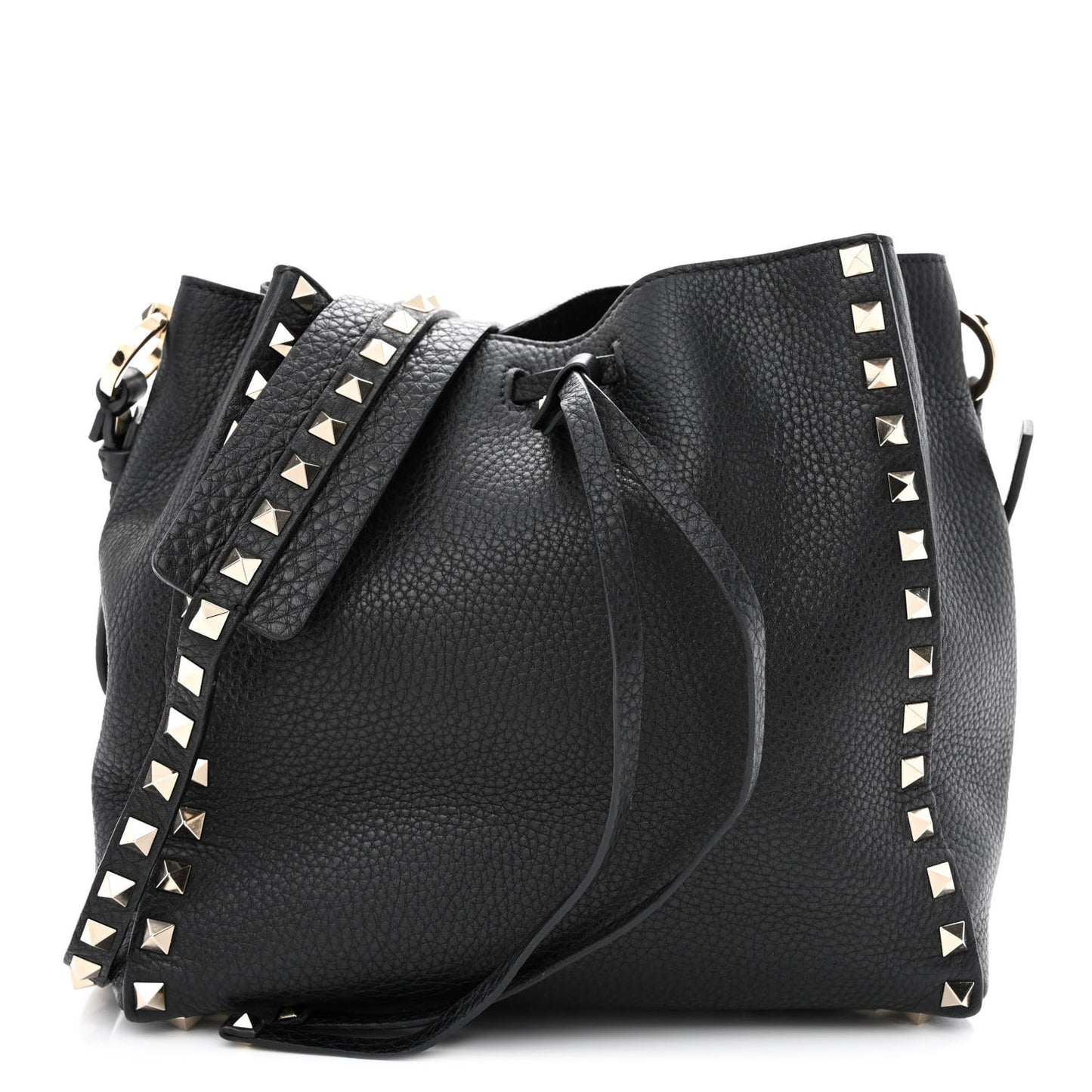 Pebbled Calfskin Rockstud Bucket Bag Black