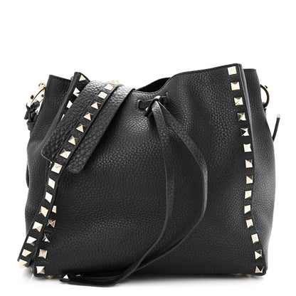 Valentino Garavani Pebbled Calfskin Rockstud Bucket Bag Black 1 of 8
