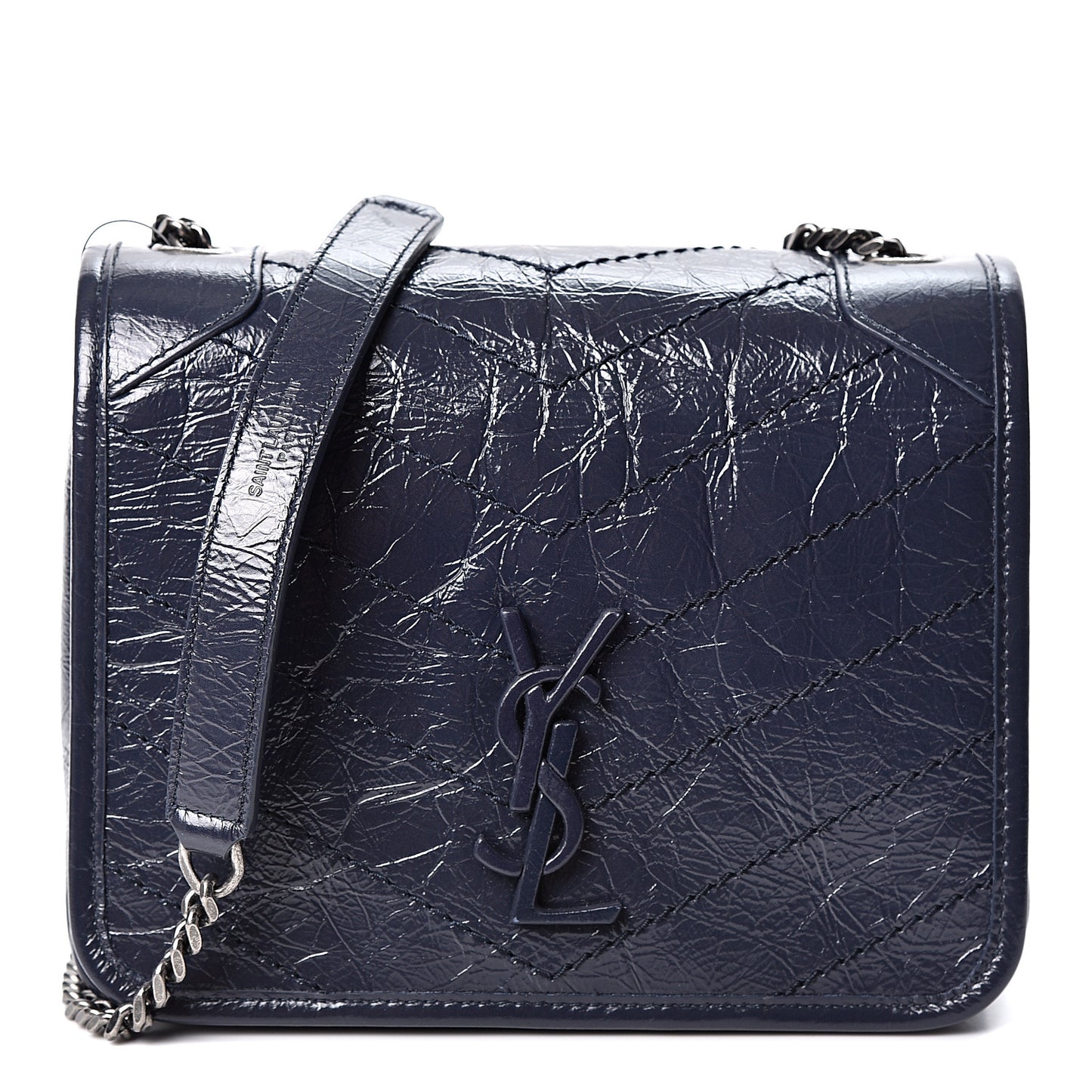 Crinkled Calfskin Matelasse Monogram Niki Chain Wallet Deep Marine