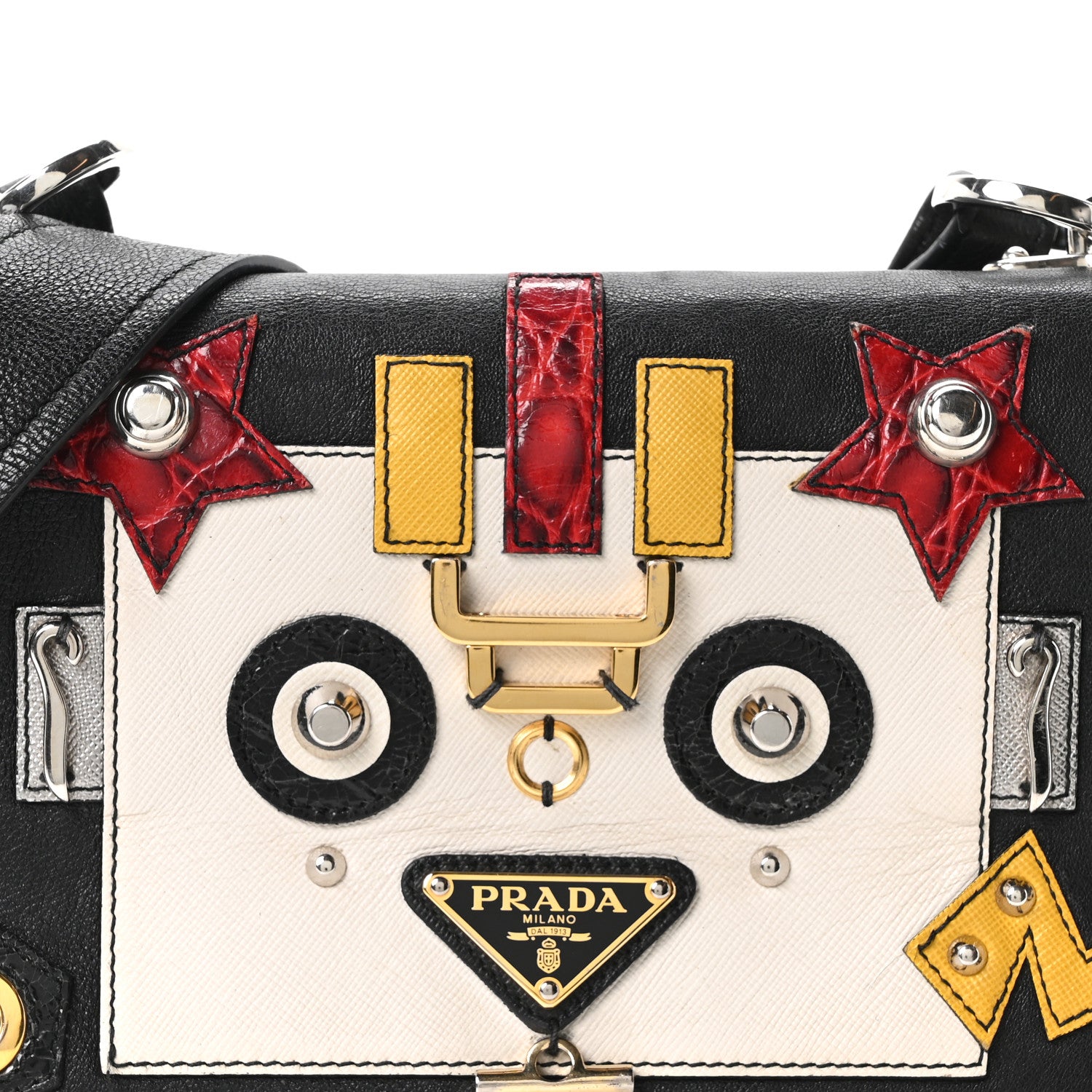 Prada Grained Calfskin Saffiano Robot Shoulder Bag Black White