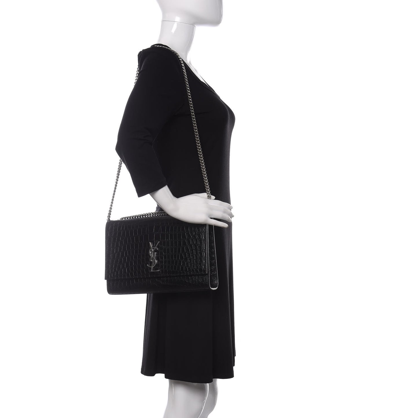 Calfskin Crocodile Embossed Large Classic Monogram Kate Satchel Black