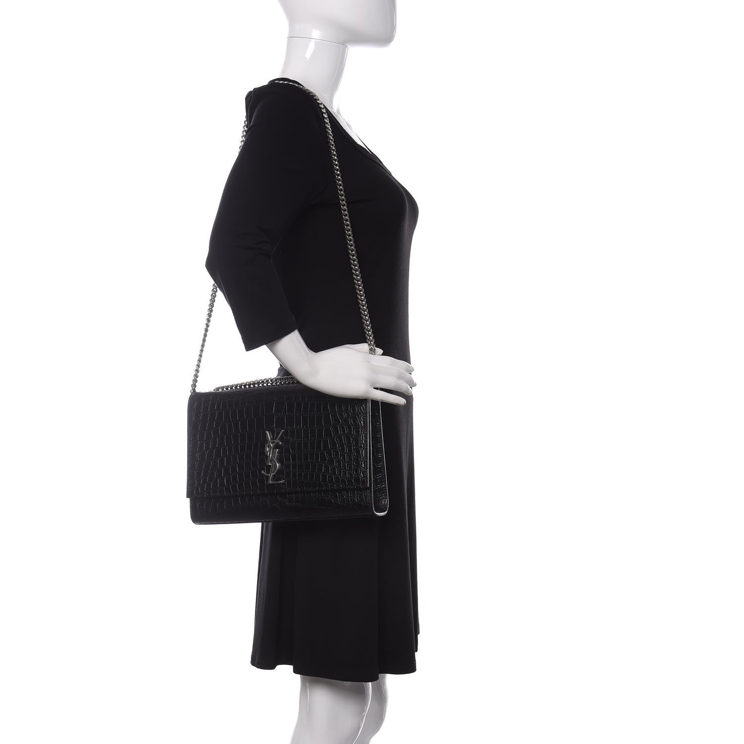 Saint Laurent Calfskin Crocodile Embossed Large Classic Monogram Kate Satchel Black 2 of 9
