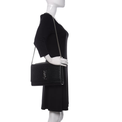 Saint Laurent Calfskin Crocodile Embossed Large Classic Monogram Kate Satchel Black 2 of 9