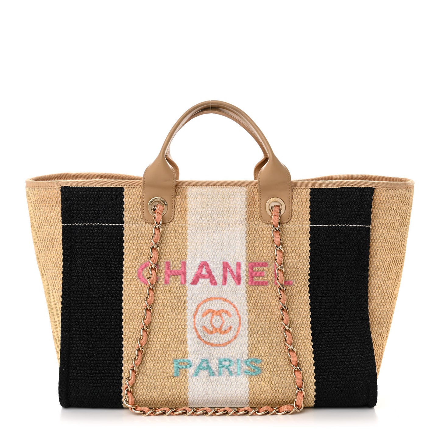 Straw Raffia Calfskin Striped Medium Deauville Tote Black Beige Ivory