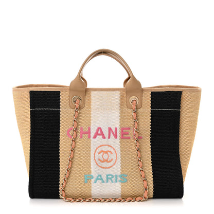 Chanel Straw Raffia Calfskin Striped Medium Deauville Tote Black Beige Ivory 1 of 16