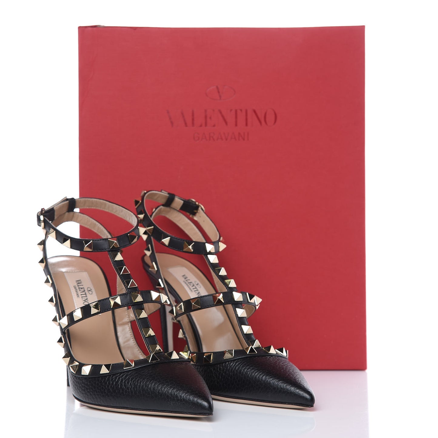 Pebbled Calfskin Rockstud Ankle Strap Pumps 37 Black