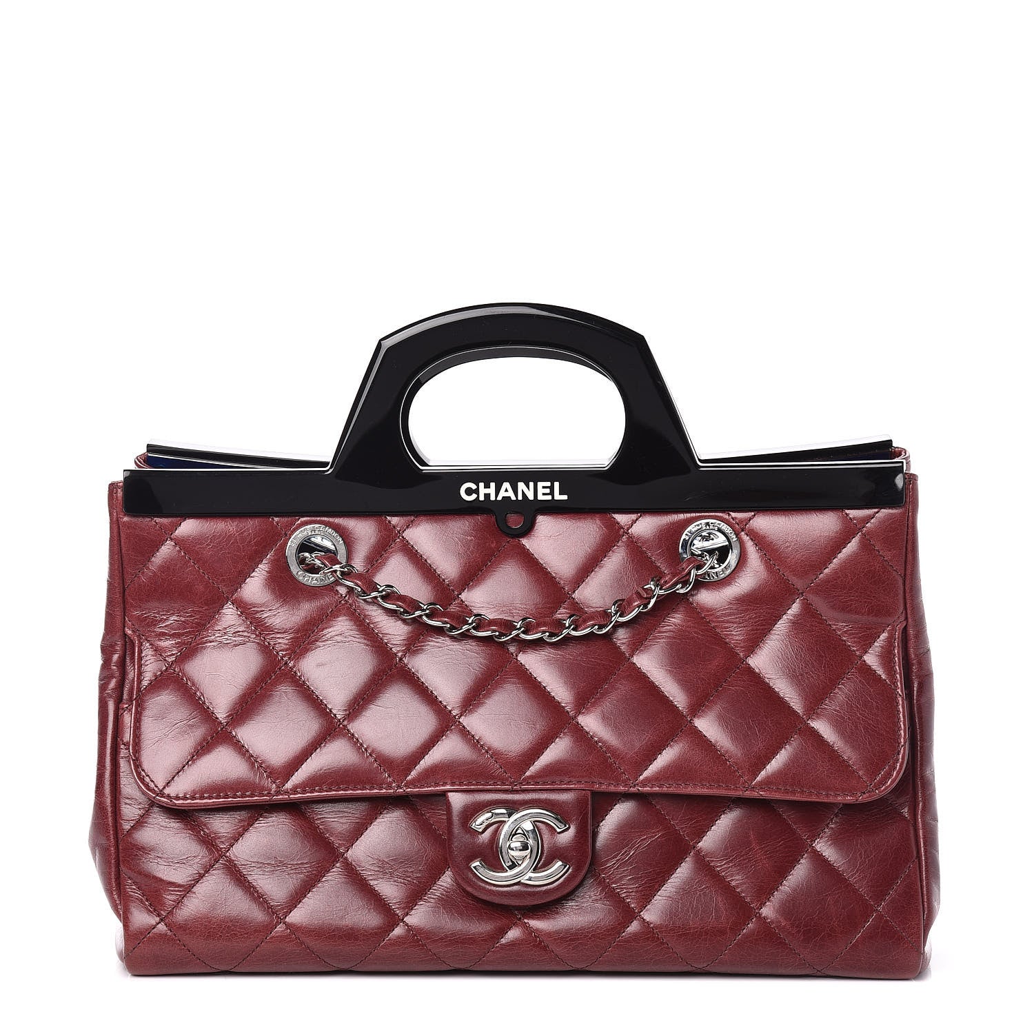 Chanel Glazed Calfskin Quilted Small CC Delivery Tote Burgundy 1 of 10