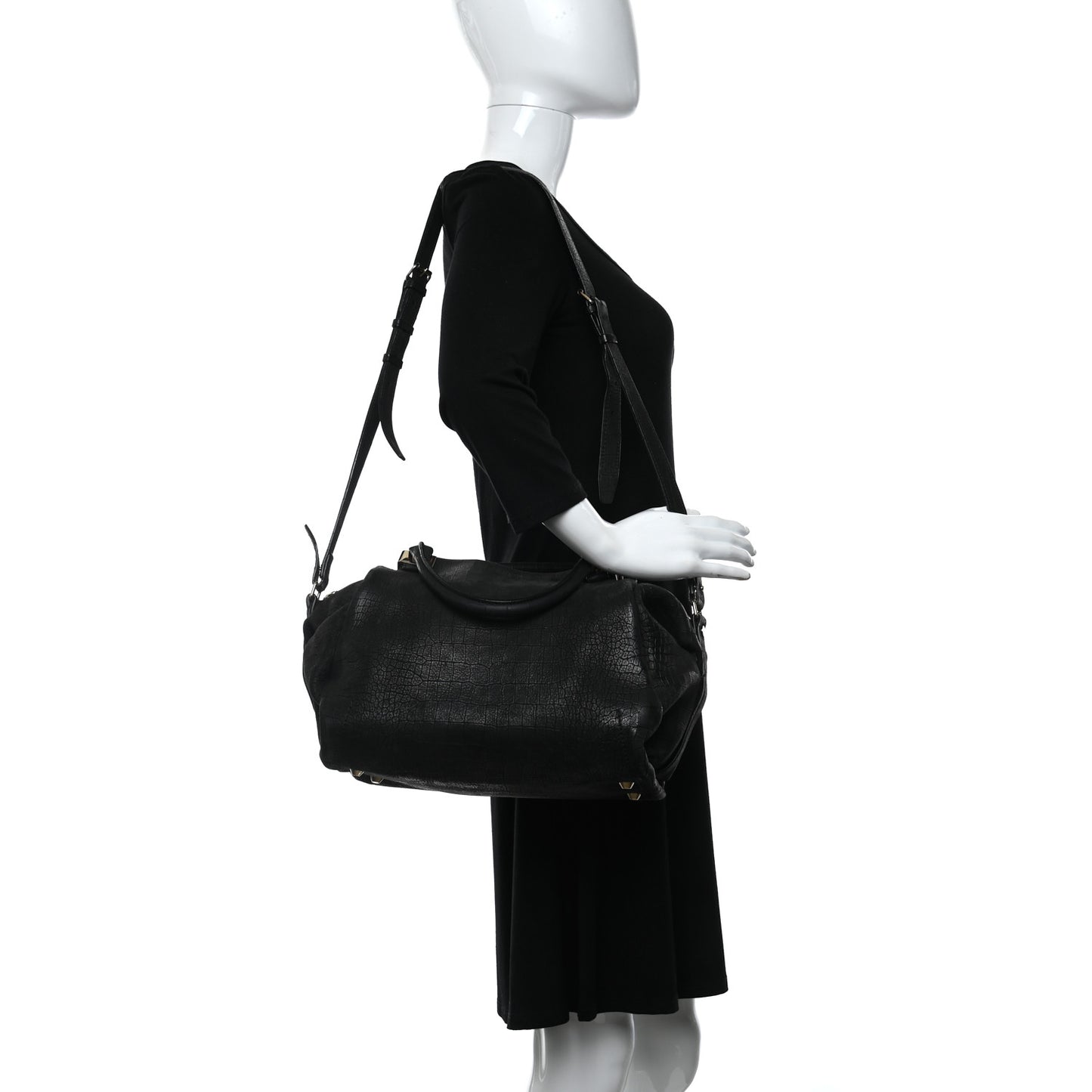 Crocodile Stamped Calfskin Trilogy Bowling Bag Black
