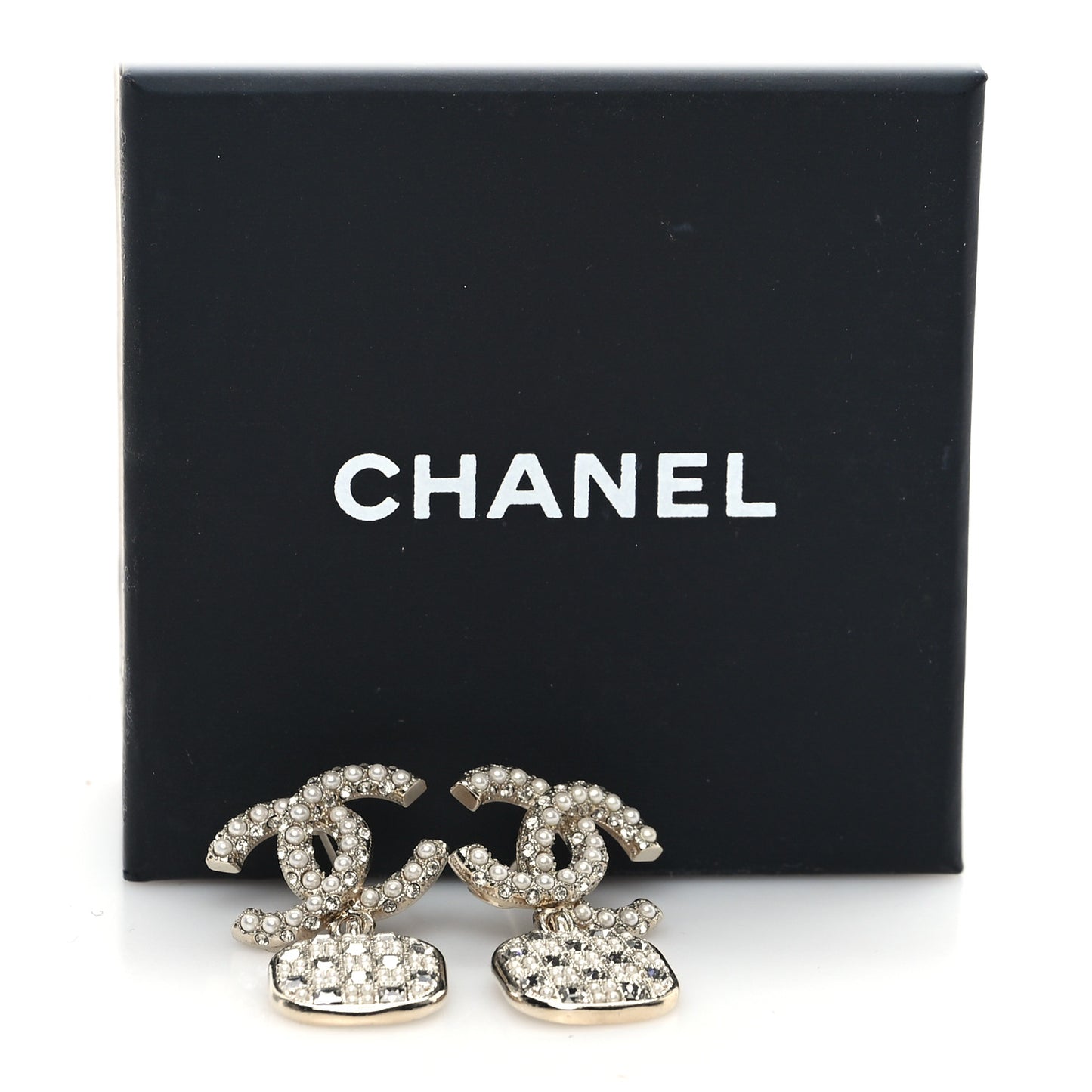 Pearl Baguette Crystal CC Drop Earrings Gold