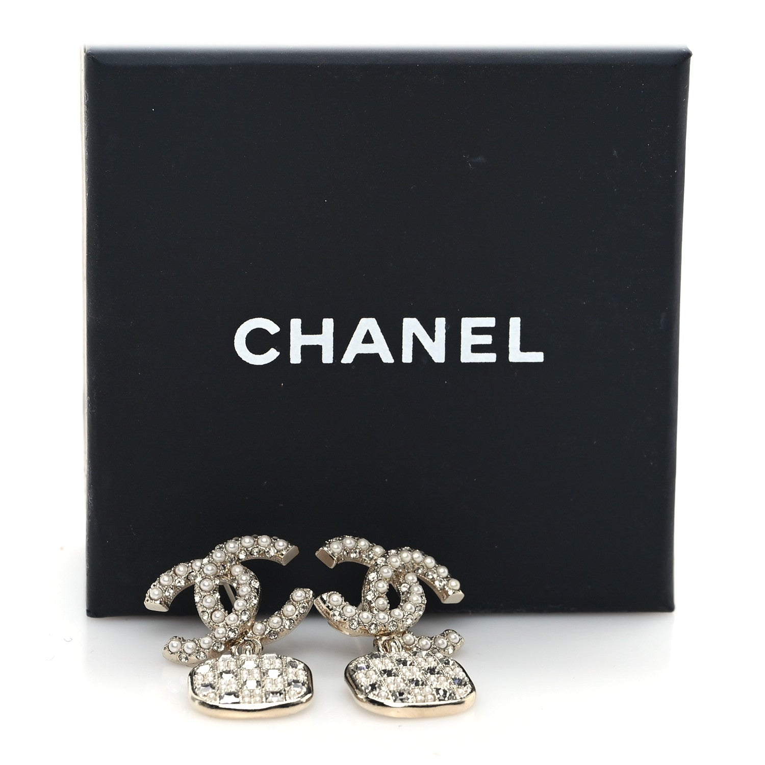 Chanel Pearl Baguette Crystal CC Drop Earrings Gold 5 of 5