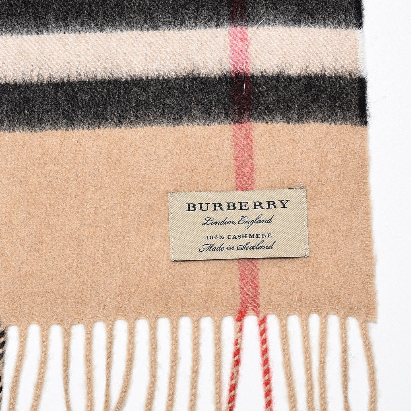 Cashmere Giant Check Fringe Scarf Camel