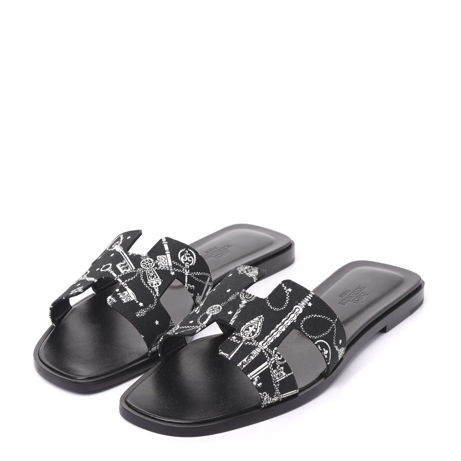 Hermes Cotton Canvas Printed Les Cles Bandana Oran Sandals 37 Black 3 of 9