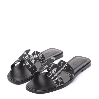 Hermes Cotton Canvas Printed Les Cles Bandana Oran Sandals 37 Black 3 of 9