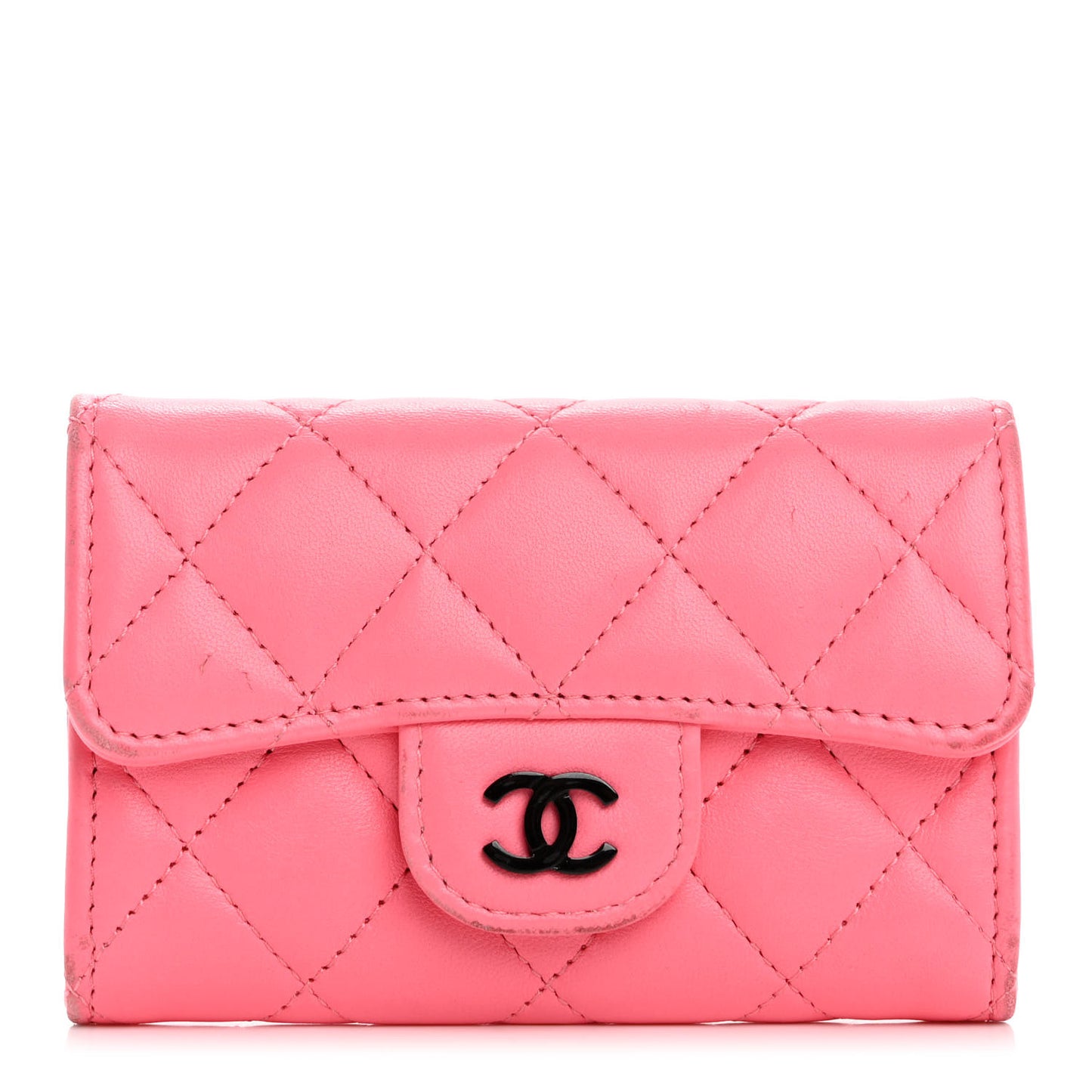Lambskin Quilted Flap Card Holder Wallet Pink