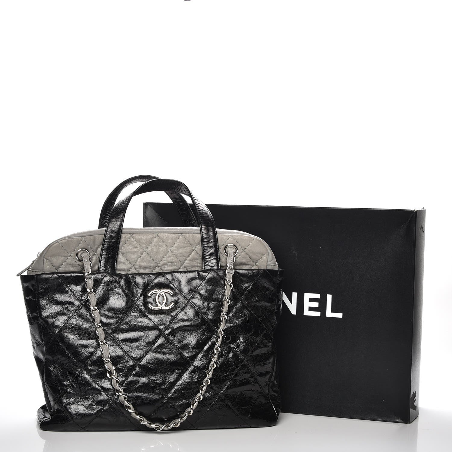 Chanel Glazed Calfskin Lambskin Quilted Portobello Tote Black Grey 11 of 11