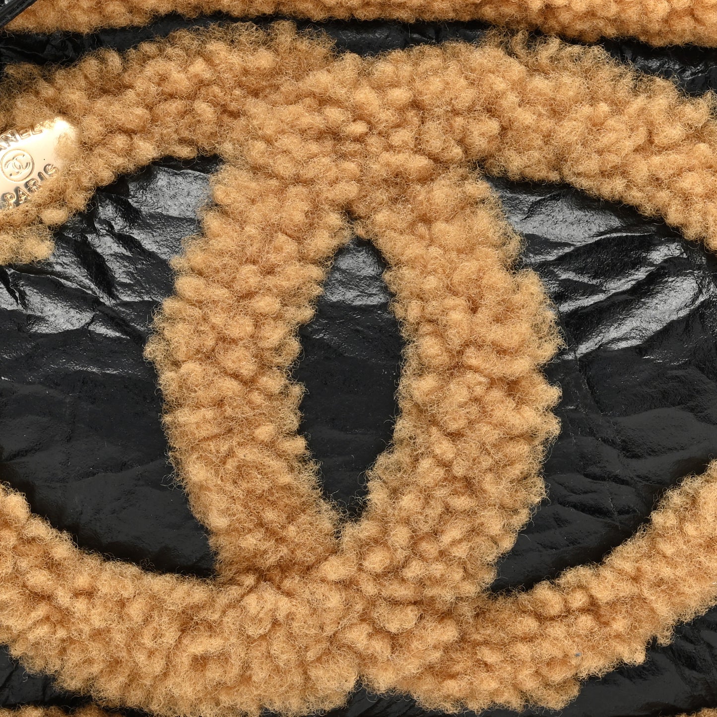 Shiny Crumpled Sheepskin Shearling CC Mania Waist Bag Black Light Brown