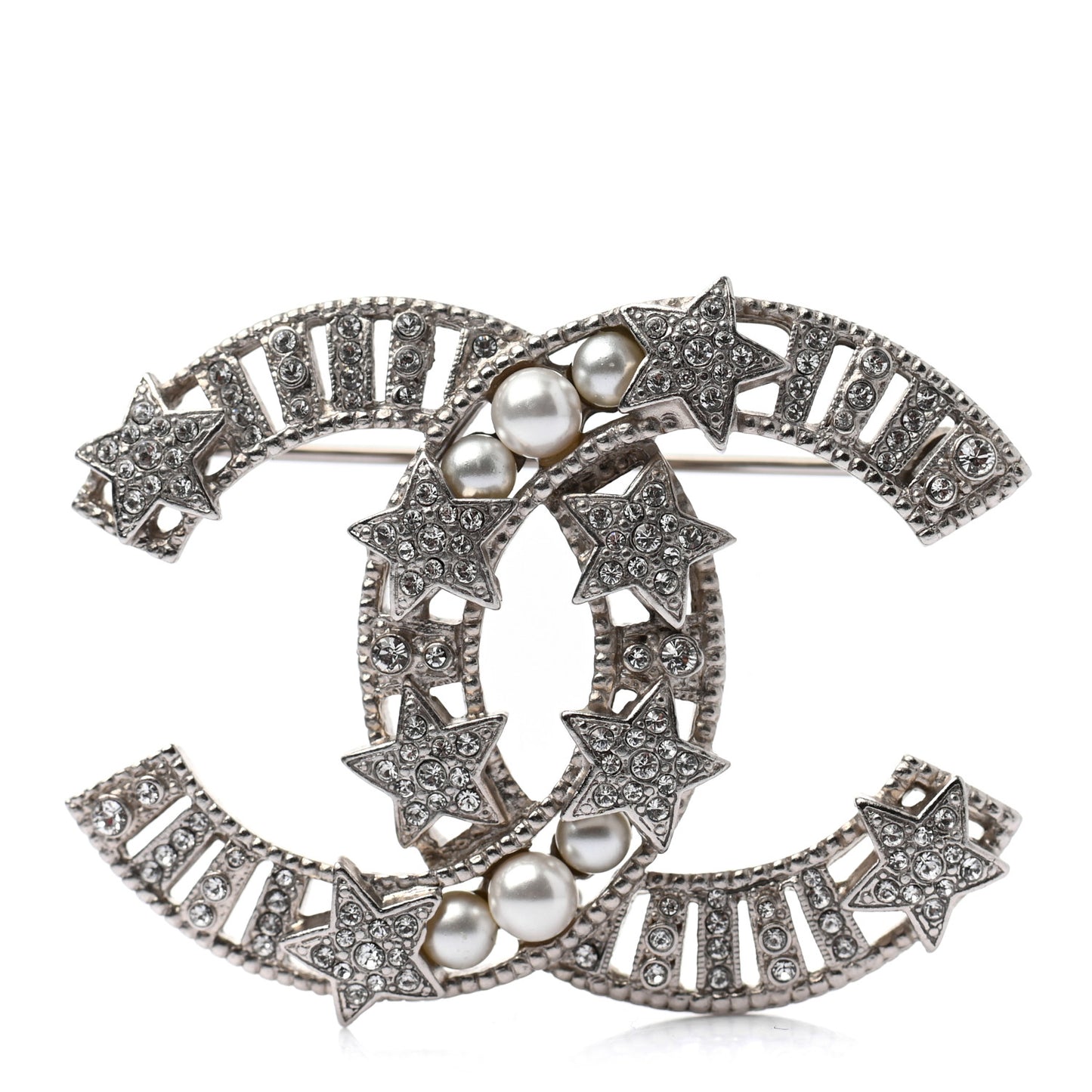 Crystal Pearl CC Star Coco Flapper Brooch Silver