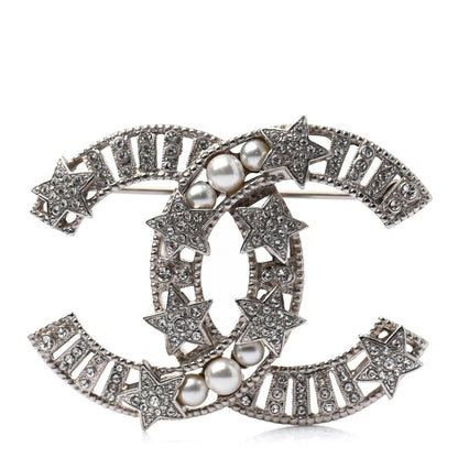 Chanel Crystal Pearl CC Star Coco Flapper Brooch Silver 1 of 4