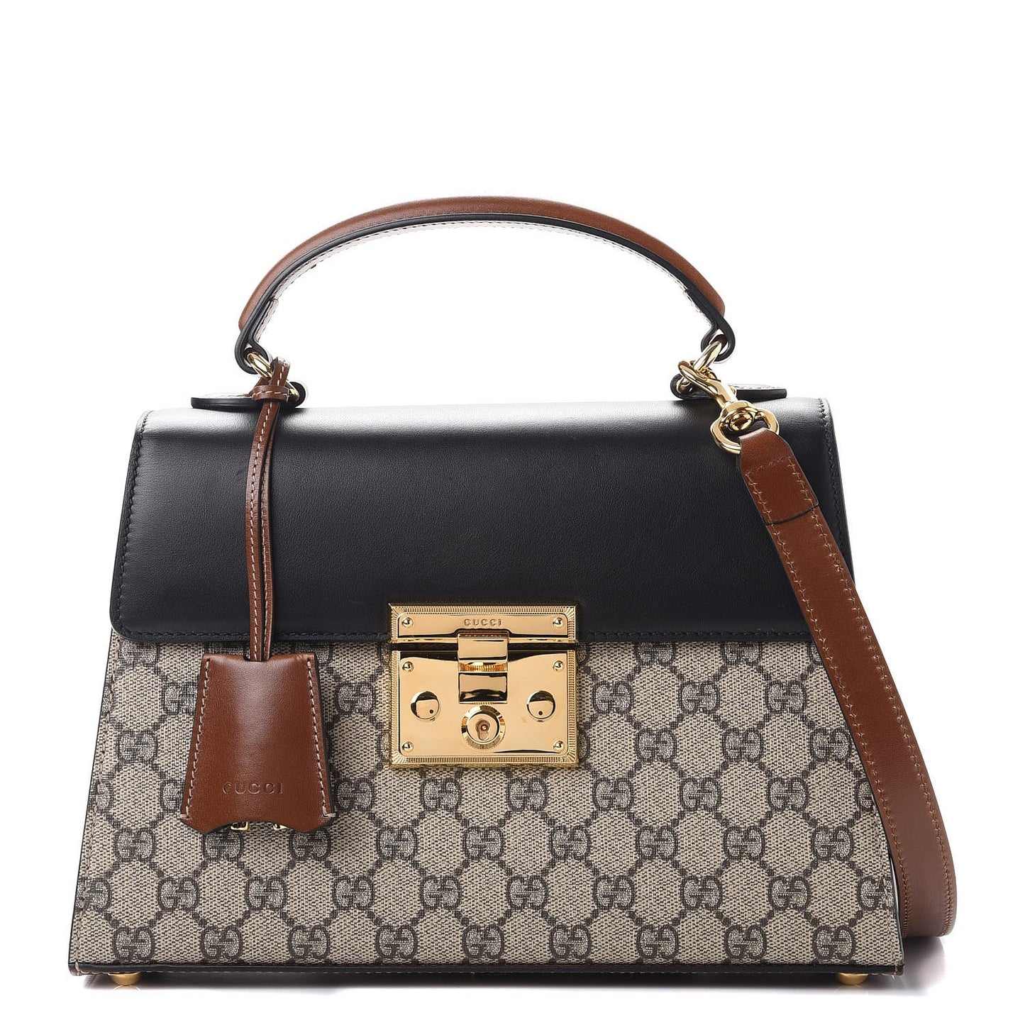 GG Supreme Monogram Calfskin Small Padlock Top Handle Bag Beige Black Cuir