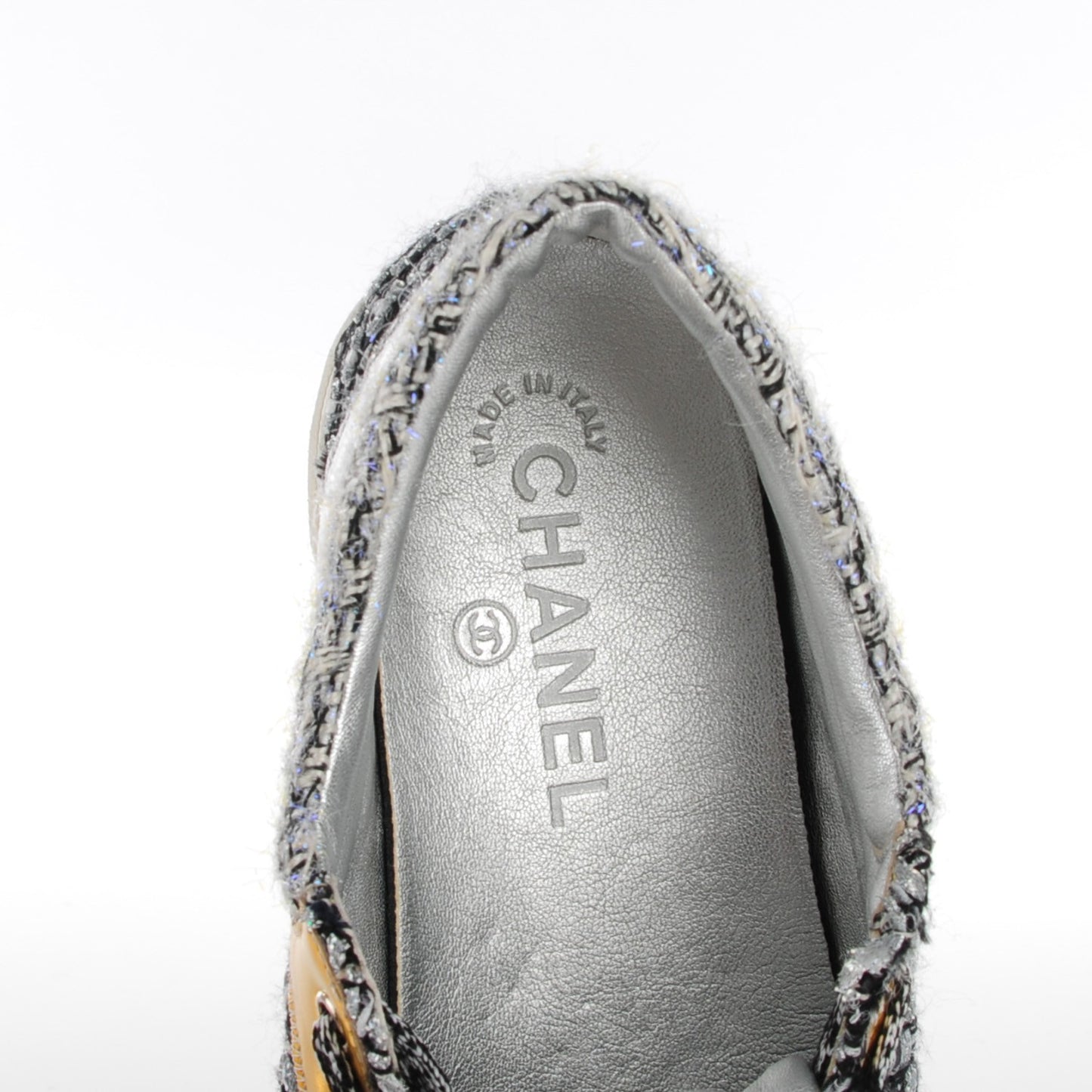 Tweed Lambskin Tennis Sneakers 37.5 Argent Violet Black White Silver Violet