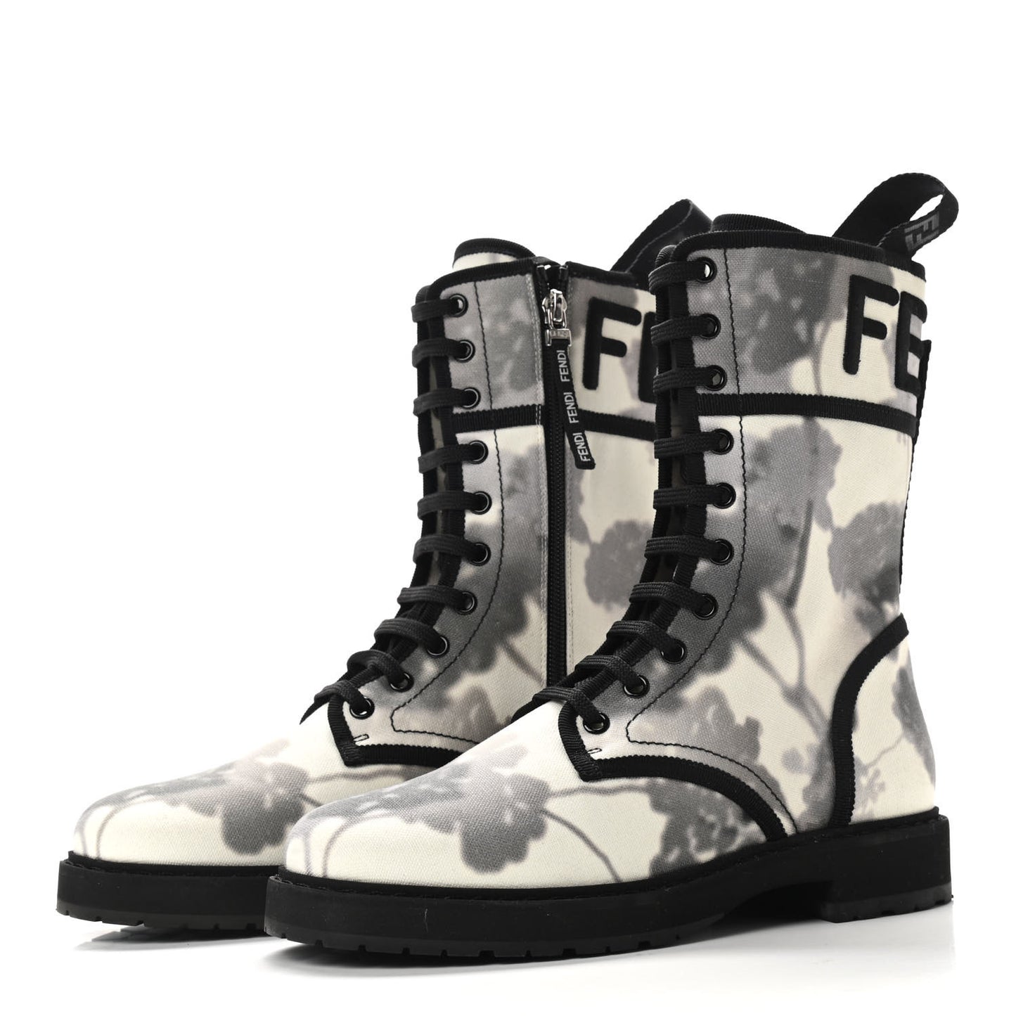 Canvas Floral Print Logo Bi-Color Womens Biker Boots 38 White Black