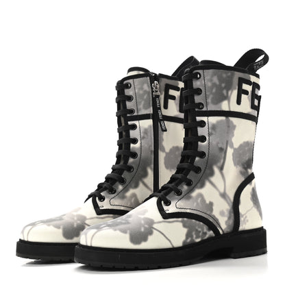 Fendi Canvas Floral Print Logo Bi-Color Womens Biker Boots 38 White Black 3 of 6