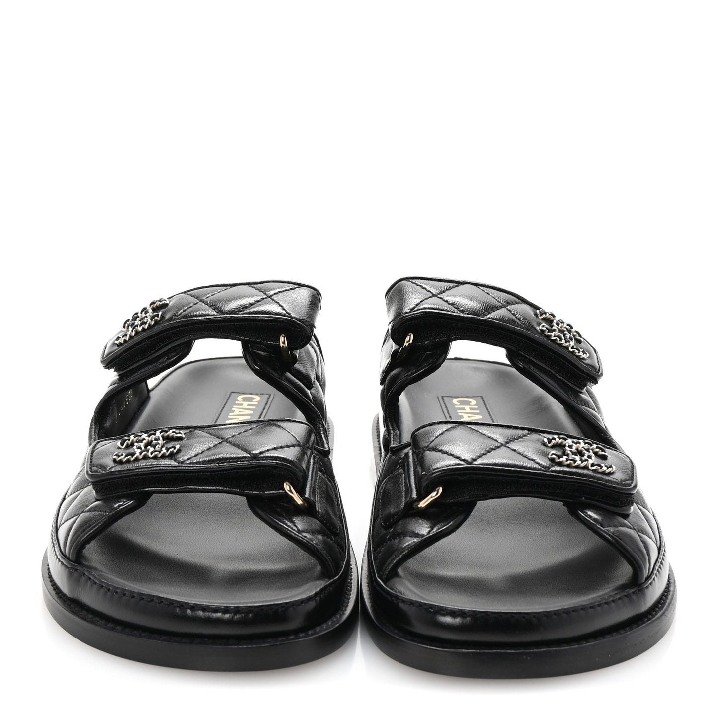 Lambskin Quilted Velcro Dad Chain CC Slide Sandals 37.5 Black