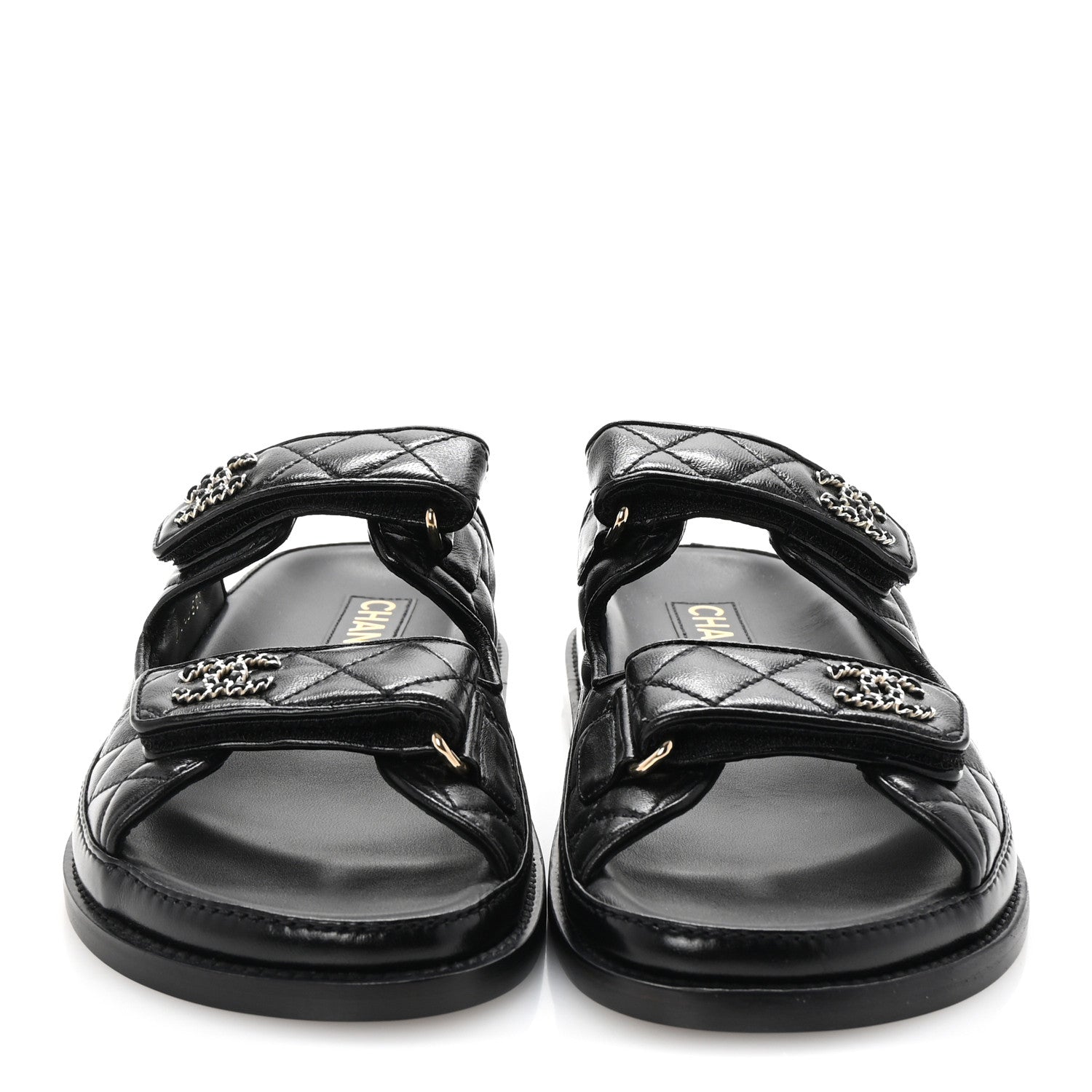 Chanel Lambskin Quilted Velcro Dad Chain CC Slide Sandals 37.5 Black 3 of 10