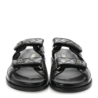 Chanel Lambskin Quilted Velcro Dad Chain CC Slide Sandals 37.5 Black 3 of 10
