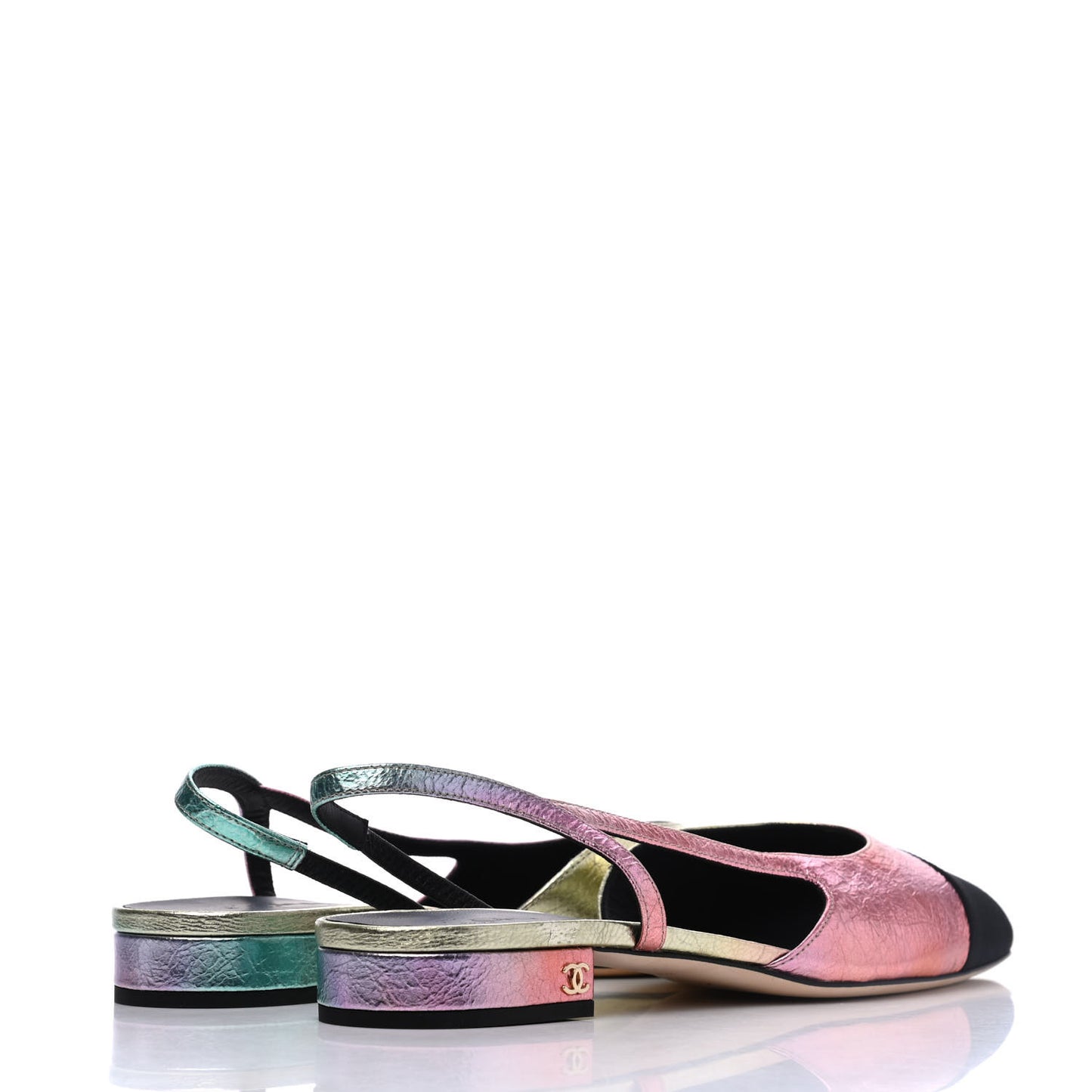 Laminated Calfskin Grosgrain Cap Toe CC Slingback Flats 40 Multicolor Black