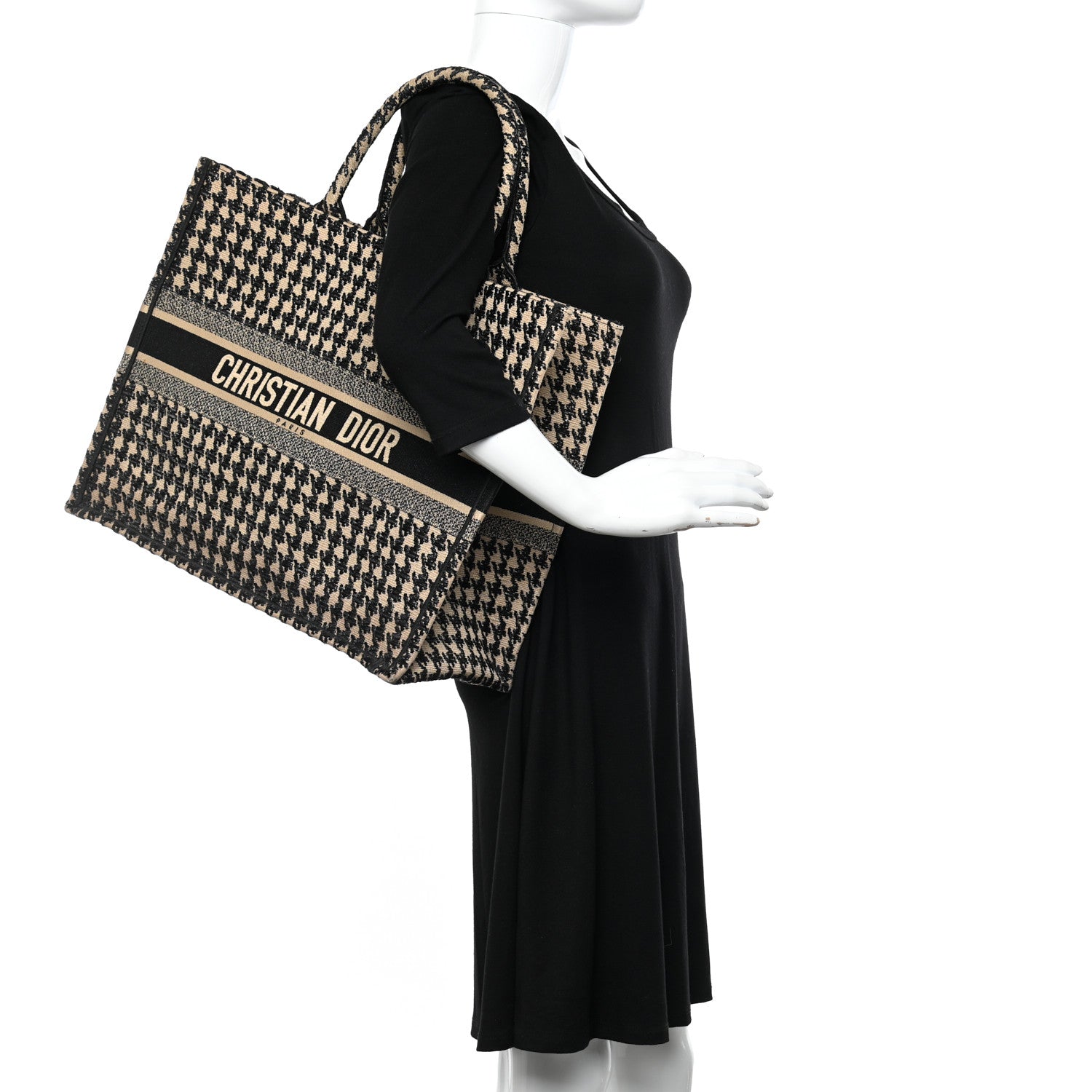 Christian Dior Canvas Houndstooth Embroidered Book Tote Beige Black 2 of 12