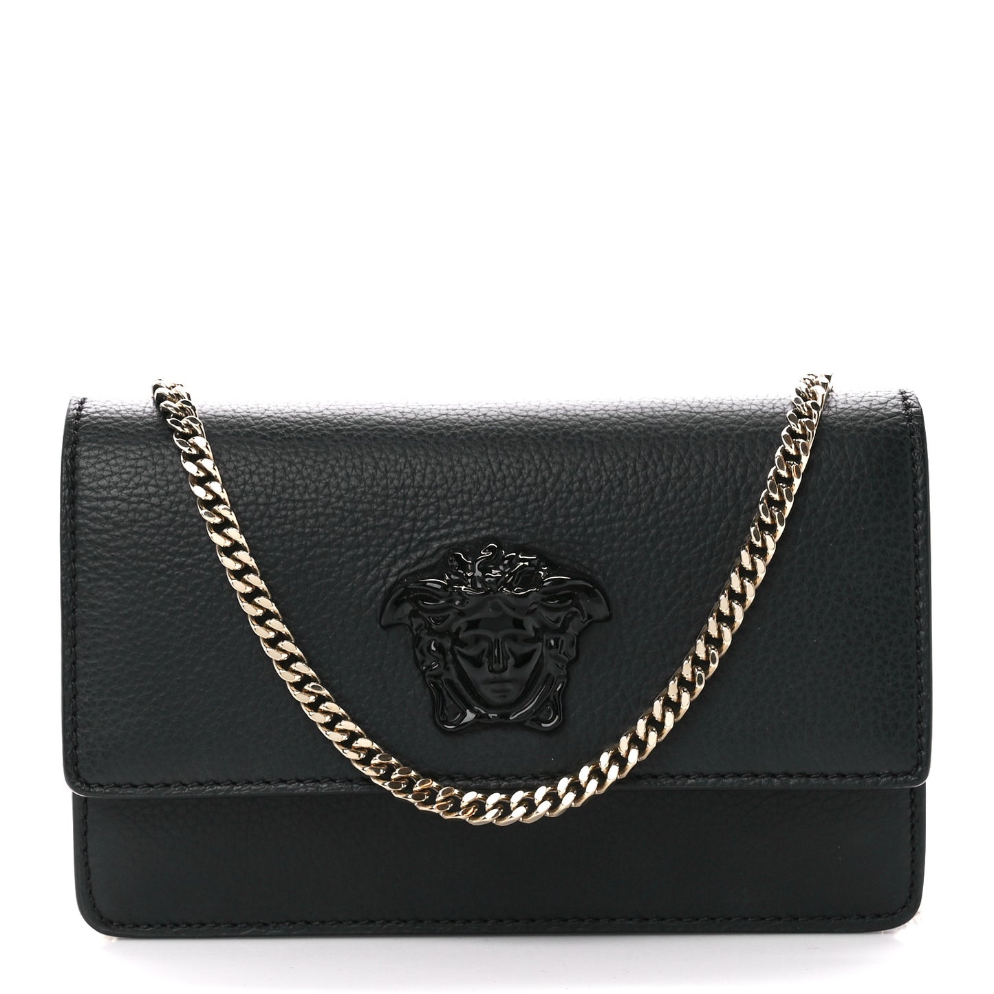 Grained Calfskin Medusa Evening Clutch Bag Black
