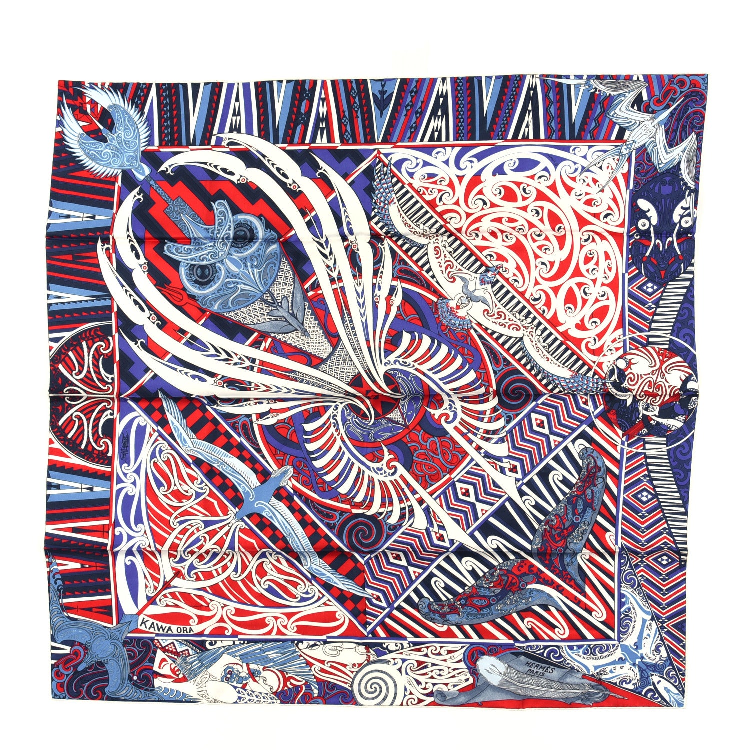Hermes Silk Kawa Ora Scarf 90 Bleu Rouge White 1 of 3